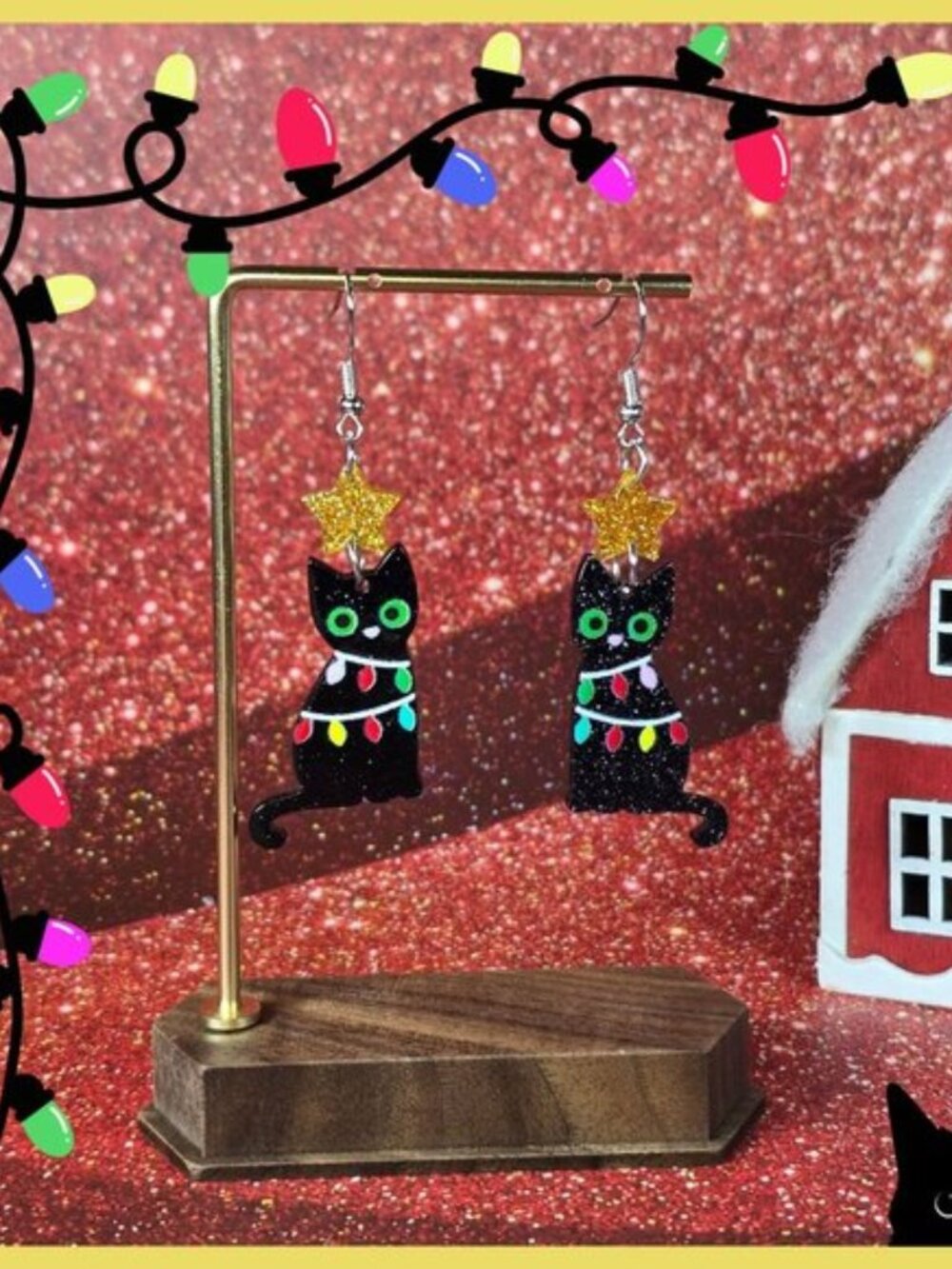 2/$15 Black Cat‎ Earrings With Christmas Lights (NWOT)